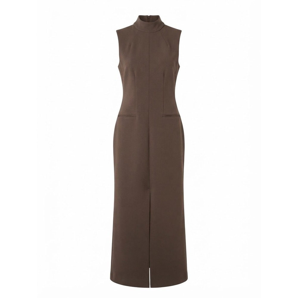 Zara Mock Neck Sleeveless Maxi Dress Women Size M Brown Front Slit Excellent